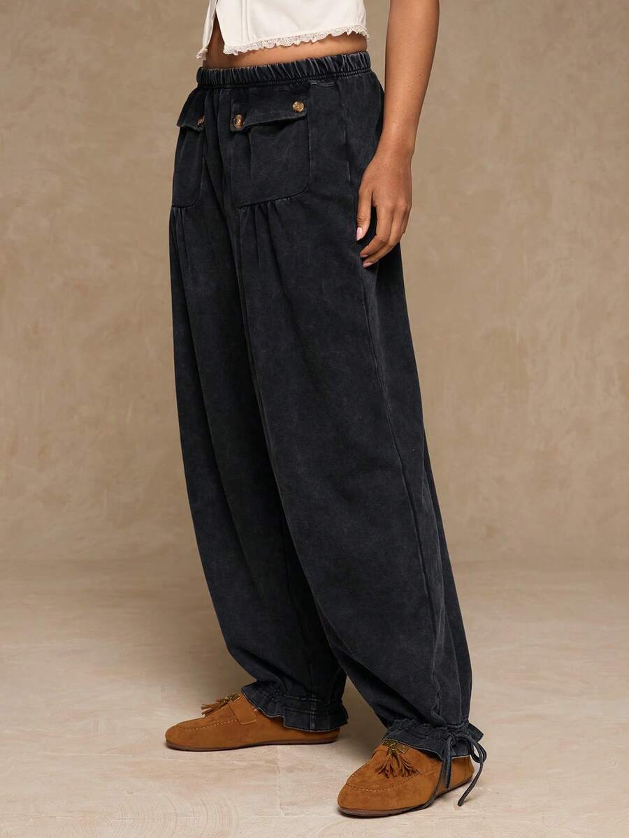 Freevana Pantalones de chándal de mujer de unicolor, de punto, de cuello redondo, de corte holgado y lavados - Gris Oscuro - Ver 1