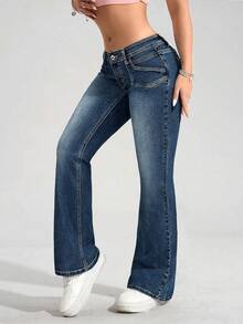 SHEIN PETITE Women's Casual Fashion Street Low Waist Flare Jeans - Medium Wash - View 4