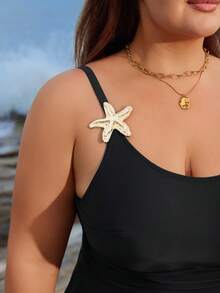 Swim Lushoire Plus Size Women 2 Pieces Swimsuit With Ruched Waist, Starfish Metal Decor, Side Tie Skirt, Suitable For Beach, Pool, Vacation - Black - View 7