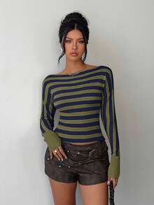 Aloruh 女士秋冬新款高领长袖黄色条纹修身罗纹毛衣 - 軍綠色 - 查看 4