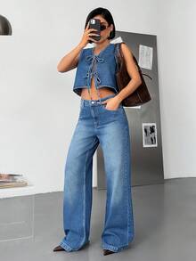 SHEIN Women Denim Tie-Front Vest And Jeans Two Pieces Outfits - Medium Wash - View 4