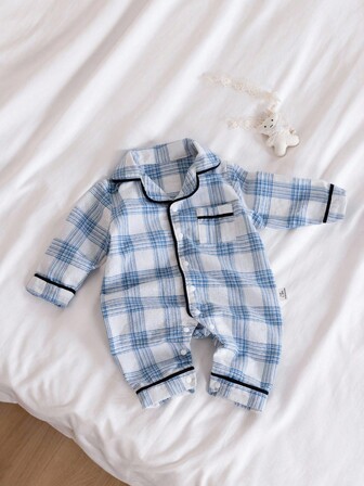 SHEIN 男婴蓝色格子舒适长袖连体睡衣