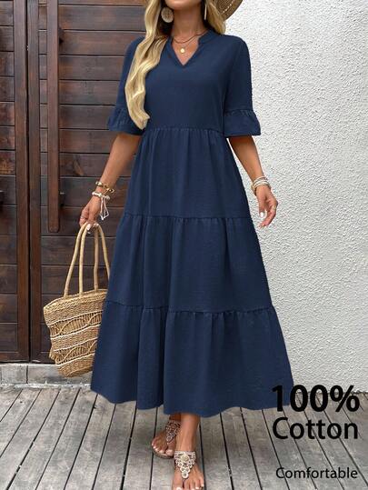 EMERY ROSE Women's Vacation Casual Solid Color Notched Neck Dress Casual Maxi Dress,Casual Dresses For Women