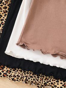 SHEIN 可爱少女套装。女童4件套，豹纹和纯色高领荷叶边针织T恤，百搭，适合秋冬春季日常休闲穿着和上学穿着，返校季必备。 - 卡其色 - 查看 6