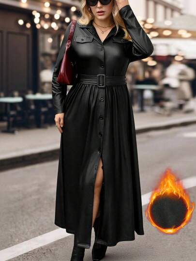 Juhart Elegant långklänning i plusstorlek för kvinnor, enfärgad enkelknäppt långärmad klänning med knytning i midjan, PU-läder utan fickor, lämplig för högtidsfester