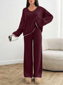 EURMUSE Women's Ribbed Knit Sweater Beige Pullover Suitable For Winter - Burgundy - View 3