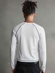 AXEPEAK Men's Casual Contrast Stitching Round Neck Raglan Sleeve T-Shirt, Summer - White - View 3