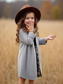 SHEIN Young Girl Solid Color Casual Long Cardigan Sweater - Grey - View 5