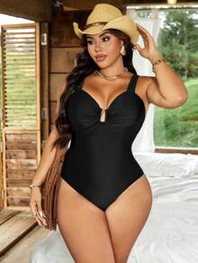 Swim Basics Đồ bơi một mảnh hở lưng gợi cảm màu trơn cỡ lớn dành cho nữ, thích hợp cho kỳ nghỉ ở bãi biển - màu đen - Xem 3