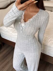 SHEIN Casual Comfortable Minimalist Lace Collar Knitted Ribbed Loungewear Set - Grey - View 3