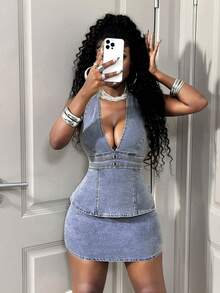 Slaydiva 女士牛仔吊带上衣+迷你裙套装 - 淺色水洗藍 - 查看 6