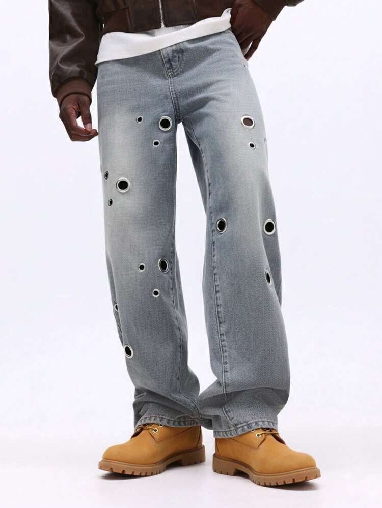 Wide Leg Eyelet Embellished Jeans