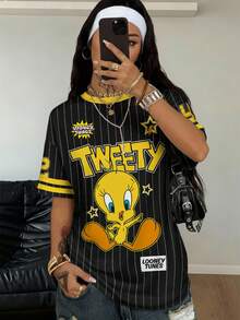 LOONEY TUNES X SHEIN Women's Summer Striped Letter & Cartoon Print Short Sleeve T-Shirt