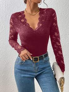 SHEIN Frenchy Bộ đồ liền thân ren tay dài màu trơn thanh lịch - Màu Đỏ Sâu - Xem 4
