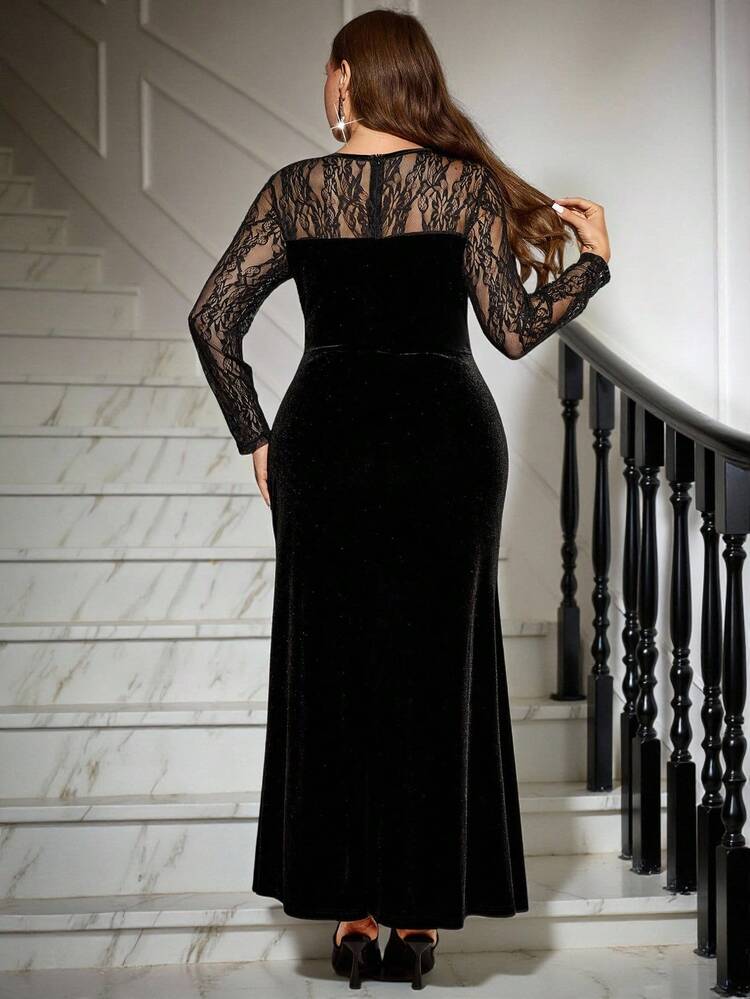 Vestido negro elegante de fiesta para mujer de talla grande con diseño de abertura, encaje y terciopelo, para otoño/invierno