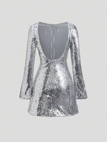 Sweetra Petite Váy sequin cao cấp mới cho mùa thu/đông, váy dự tiệc - Bạc - Xem 2