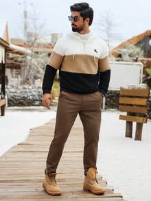 Manfinity CasualCool 男士秋冬骑士刺绣撞色拉链设计抓绒抽绳连帽衫 - 彩色 - 查看 4