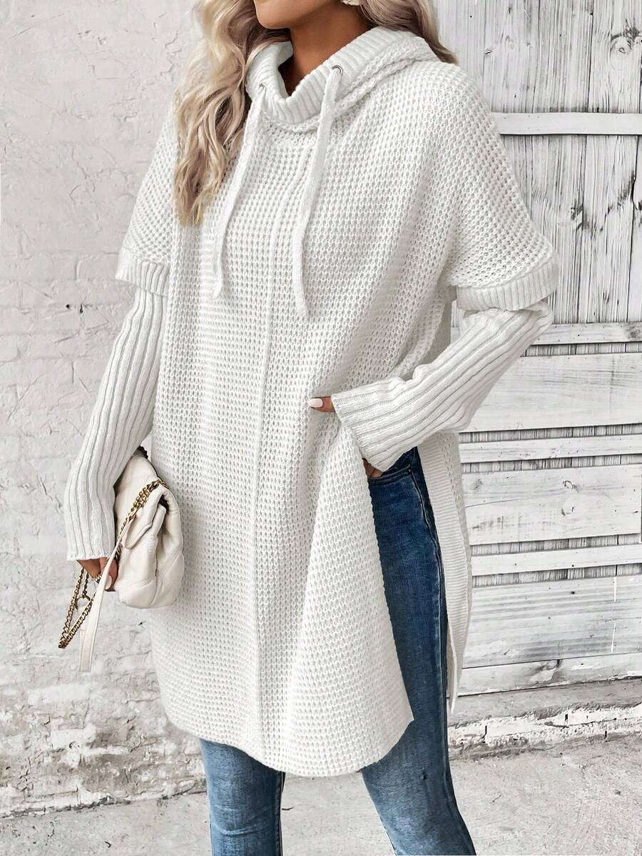 EMERY ROSE Casual Solid Color Loose Fit Long Sleeve Hooded Women Sweaters - White - View 1
