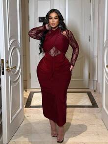 NU&NOW 大码女士优雅交叉吊带设计，蕾丝拼接，荷叶边细节，鱼尾裙摆，时尚派对、夜生活、晚宴、生日礼服，秋季新款长裙 - 酒紅色 - 查看 4