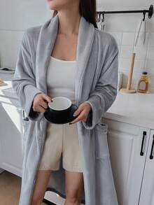 DAZY 女士纯色披肩领长袖口袋宽松休闲睡袍，秋冬款 - 灰色 - 查看 1