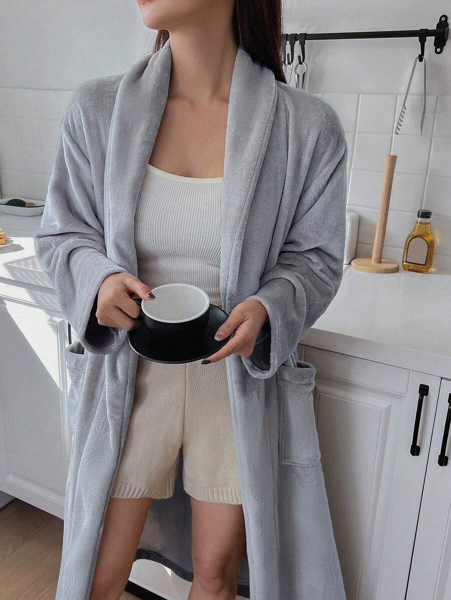 DAZY 女士纯色披肩领长袖口袋宽松休闲睡袍，秋冬款 - 灰色 - 查看 1