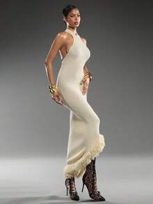 Normani 2025夏季新款基础休闲无袖圆领修身不对称下摆长款针织连衣裙，适合生日派对、返校、日常穿着、度假、邮轮旅行、海滩、日光浴、优雅、通勤、商务休闲等场合。 - 杏色 - 查看 3