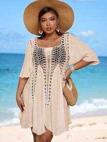 Swim Vcay Plus Size Women Solid Color Square Neck Ruffle Sleeve Hollow Out Cover Up Dress - Apricot - View 5