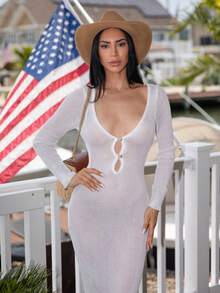 Carolina Barros 女式纯色 V 领露背褶皱腰身紧身前扣简约日常罩衫长裙（不含比基尼），夏季海滩度假女士性感钩针透明长裙波西米亚风优雅飘逸系带袖罩衫秋季镂空连衣裙宽松网眼，春夏秋季 - 白色 - 查看 3