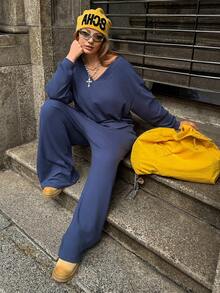 Muchica 2pcs Plus Size Women Solid Color Drop Shoulder Long Sleeve Sweatshirt And Pants Set, Thermal Lined, Autumn/Winter - Blue - View 5