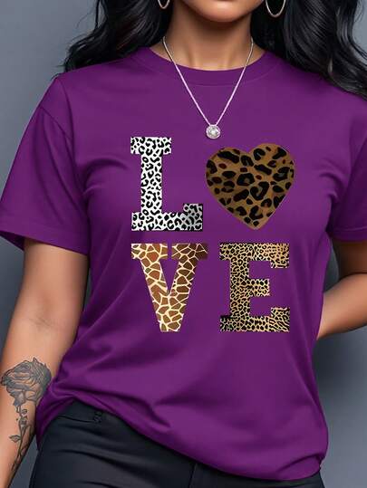 Rovax T-shirt estiva casual da donna con stampa animale, cuori e grafiche a lettere, collo rotondo, maniche corte