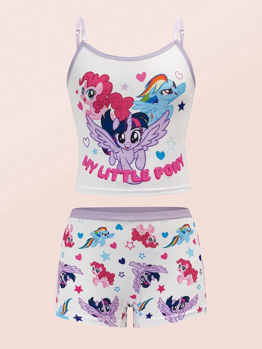 My Little Pony X SHEIN Tween Girl Cute Cartoon Letter Print Contrast Binding Camisole Top And Boxer Shorts Set