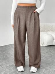 SHEIN Essnce Plus Size Women's Autumn And Winter Fashion Casual Loose Daily Comfortable Retro Gray Elastic Waist Wide Leg Pants,Women Bottom,Work Pants,Fall Outfits,Old Money,Vintage Pants,Curve Pants