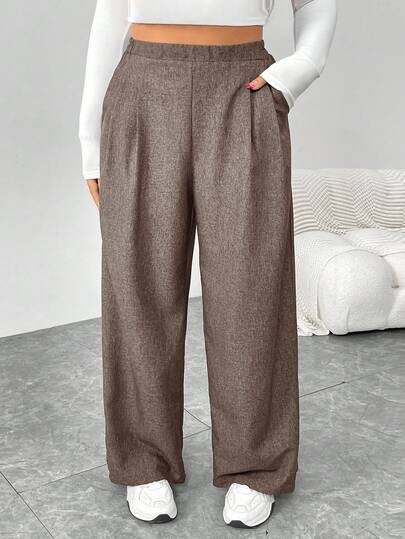 SHEIN Essnce Plusstorlekar Dam Höst- och vintermode Casual Löst Dagligt Bekväma Retro Grå Elastiska Byxor med Vida Ben, Dambyxor, Arbetsbyxor, Höstkläder, Gamla Pengar, Vintagebyxor, Kurvbyxor