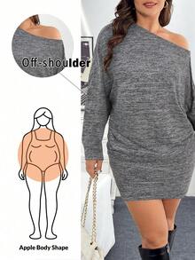 SHEIN Essnce Plus-Size Women's Off-The-Shoulder Dress, Diagonal Dress, Black Dress,Black Mini Skirt - Grey - View 1