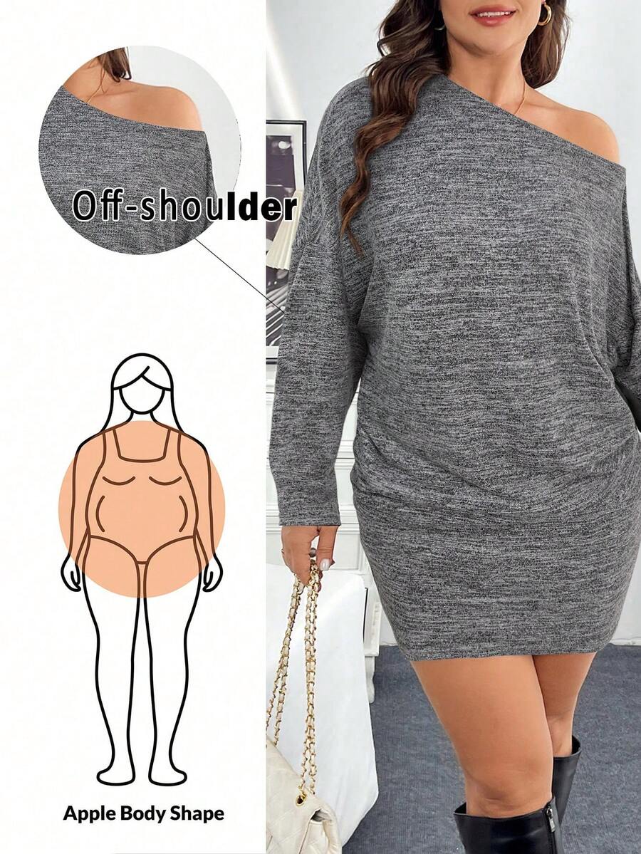 SHEIN Essnce Plus-Size Women's Off-The-Shoulder Dress, Diagonal Dress, Black Dress,Black Mini Skirt - Grey - View 1