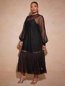 Vixey Tulle Ruffle Hem Sheer Mesh Balloon Sleeve Tunic Top, Unlined, Cami Sold Separately - Black - View 4