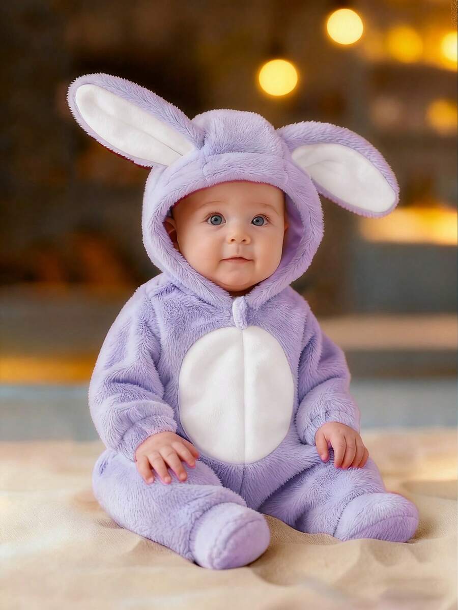 SHEIN Playful Pals Pelele con capucha de tela suave para recién nacidos con lindas orejas 3D de conejo, pantalones y manga larga, conjunto de invierno para niños - Púrpura malva - Ver 1