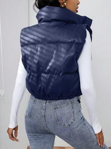 SHEIN EZwear 休闲纯色立领抽绳下摆短款羽绒背心，秋冬服装 - 藏蓝色 - 查看 2
