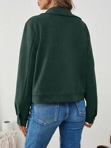SHEIN LUNE 女士麂皮纯色长袖单排扣休闲实用口袋修身夹克 - 墨綠色 - 查看 2