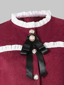 SHEIN Tween Girls' Elegant Vintage Ruffled Collar Button Front Tie Bow Decor Black Long Sleeve Snug Fit Mini Dress, Paired With Jacket - Red - View 4