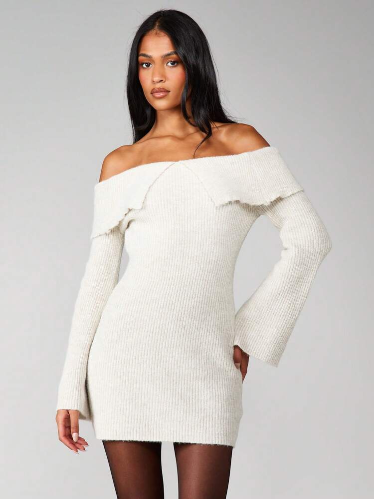 MISSGUIDED Off Shoulder Ribbed Knit Sweater Dress Long Sleeve Mini Bodycon Winter Fall Comfortable Casual
