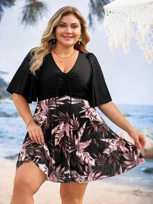 Swim Lushoire 大码女式热带植物印花荷叶边袖泳衣，配套泳裤单独出售 - 彩色 - 查看 5