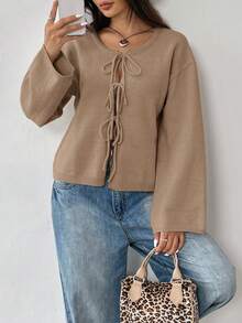 SHEIN EZwear 女士纯色打结长袖开衫，通勤、简约、办公、复古、简约风格，女士系带腰带纯色针织开衫，可搭配T恤、长袖上衣，秋冬季上学上衣 - 卡其色 - 查看 6