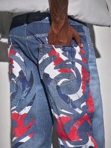 ROMWE MEN Street Life Jeans casuales rectos y holgados con estampado geométrico en el bolsillo para hombres - Azul - Ver 2