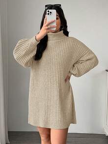 SHEIN EZwear 大码高领宽松粗针织灯笼袖毛衣连衣裙，秋冬款 - 杏色 - 查看 2