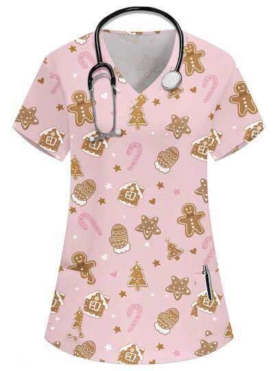 PopScrub Christmas V-Neck Short Sleeve Double Pocket Cute Gingerbread Man, Candy Cane, Glove Print Design Nurse/Doctor Uniform Top/ Examination Surgical Uniform/Solid Color Pet Grooming Uniform Top/Nutritionist Workwear Short Sleeve/Multi-Pocket Functional Lab Coat