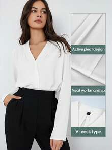 BizChic 春夏新款褶裥纯色衬衫，时尚优雅，适合都市通勤、日常百搭，90年代复古风，圣诞节、新年、情人节派对、海滩度假、毕业典礼、时尚嘉年华、浪漫场合皆宜，适合婚礼宾客、主人、约会、派对、音乐会、早午餐、机场等多种场合。 - 白色 - 查看 5