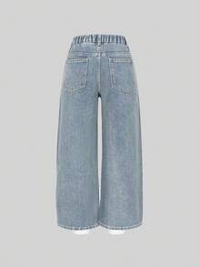 SHEIN Explorewe Tween GirlsGrey Fashionable Casual Rhinestone Embellished Loose Wide-Leg Washed Denim Jeans - Blue - View 2