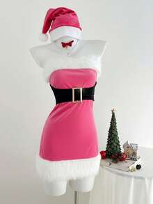 Elamini 1pc Contrast Color Strapless Mini Dress With Metallic Buckle Decor,Fitted Waist,Cute Pink And White Autumn Birthday Party,Christmas New Year Cosplay - Pink - View 4