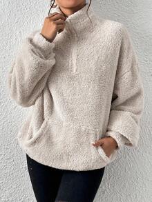 SHEIN EZwear 大码杏色毛绒立领半拉链卫衣，秋冬 - 杏色 - 查看 6